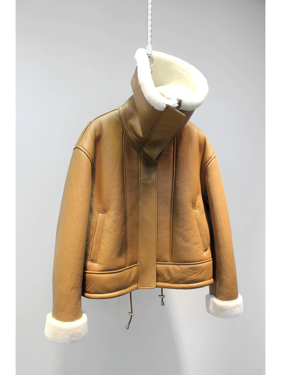 Lmported sheepskin one-piece large lapel motorcycle jacket lambswool coat