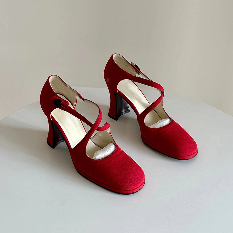 Red round toe cross-strap Roman high heels