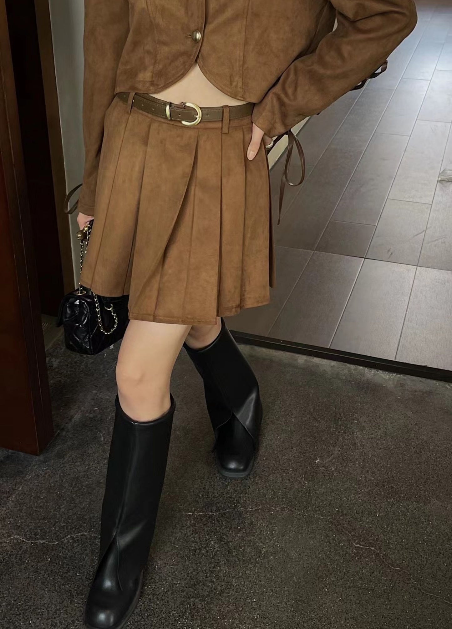 C.Stand collar jacket and pleated skirt two piece set