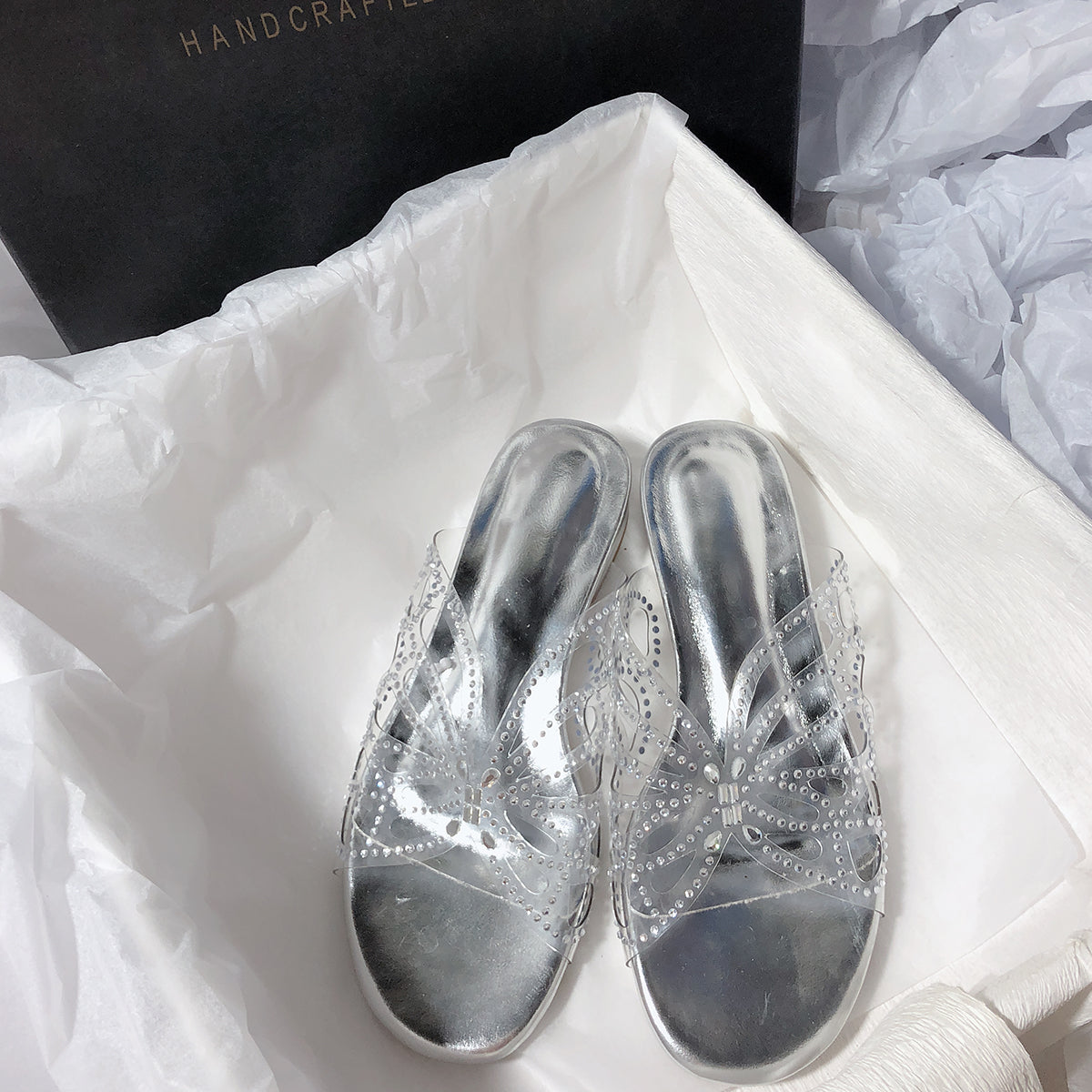 Super Fairy Rhinestone Transparent Butterfly PVC Low Heel Slippers for Women