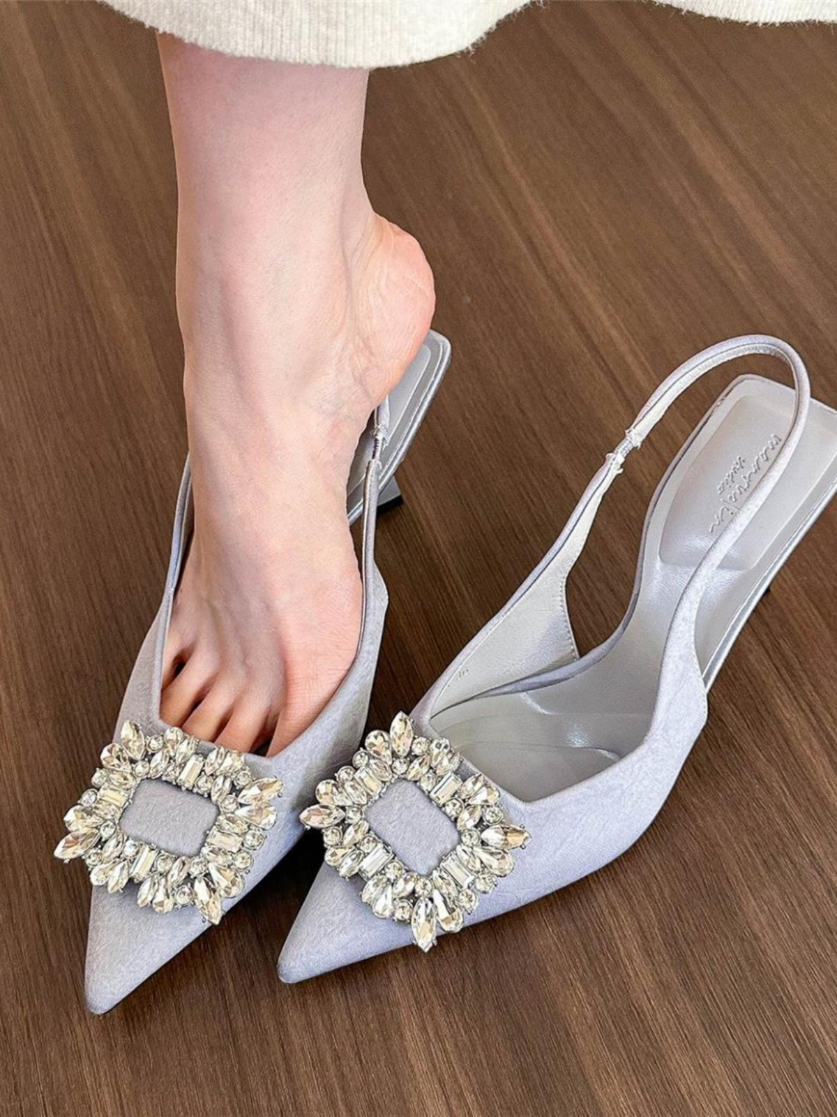 Pointed square buckle rhinestone high heel satin toe shoes