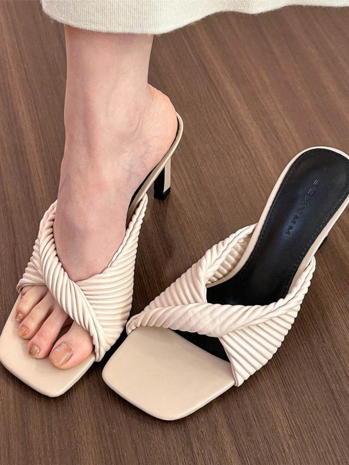 French pleated square toe high heel sandals