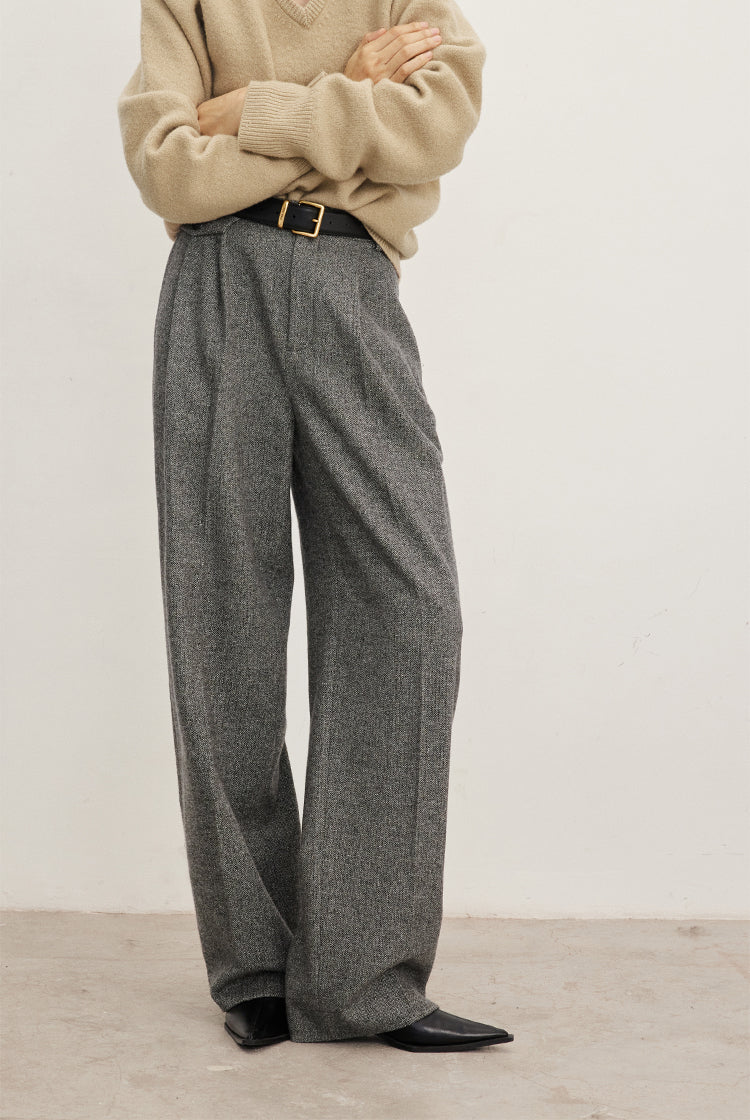 Herringbone pattern Australian wool trousers baggy wide leg trousers