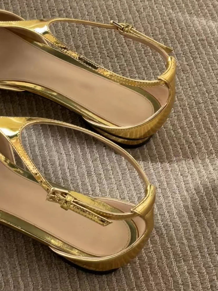 French gold pointed toe flat Mary Jane shoes