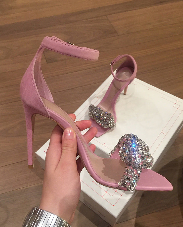 Lrregular square toe rhinestone high heel sandals