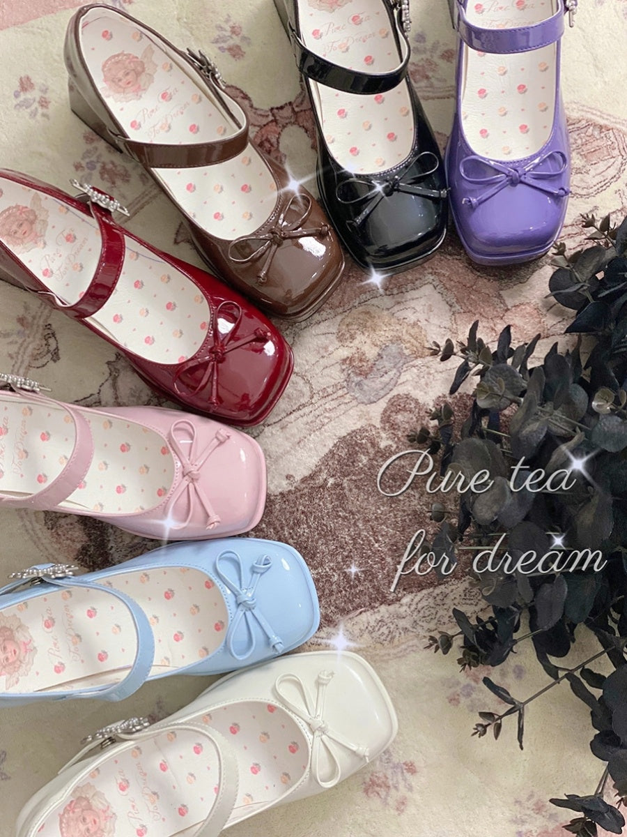 Patent leather square-toe Mary Jane bow mid-heels