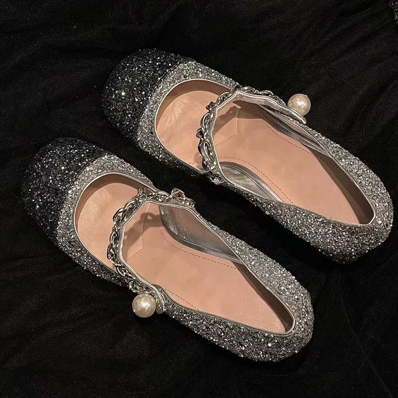 French style contrasting sequined square toe block heels Mary Jane