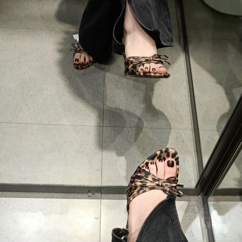 Leopard print versatile stiletto open toe bow high heel sandals