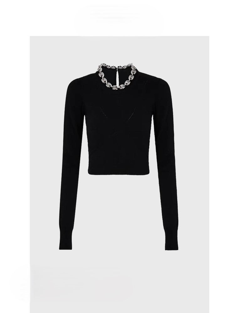 Black sweater short style stitching chain design