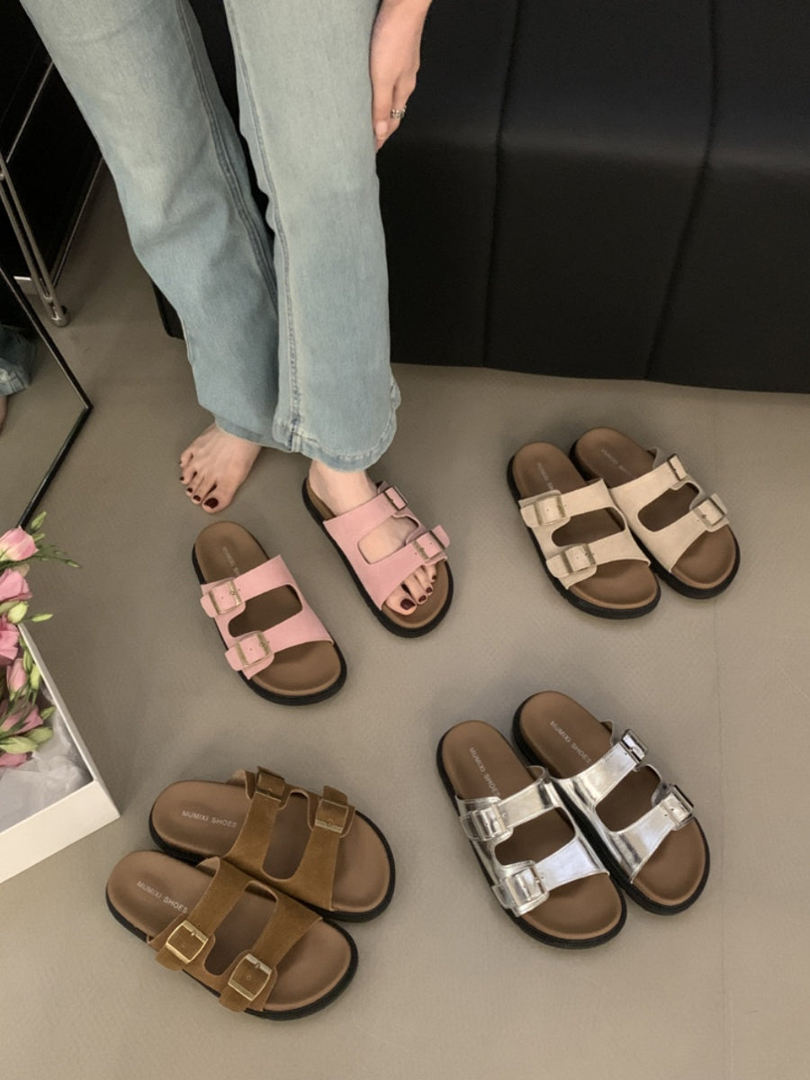 Wearing vintage Birkenstock flat sandals