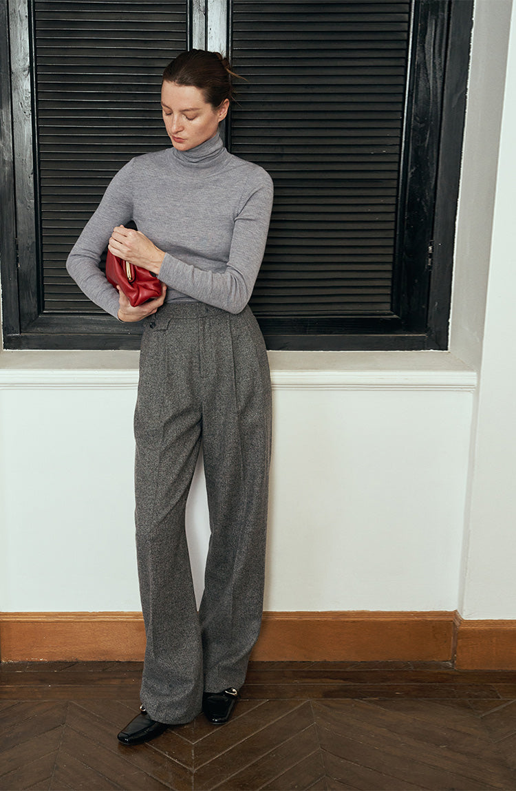 Herringbone pattern Australian wool trousers baggy wide leg trousers