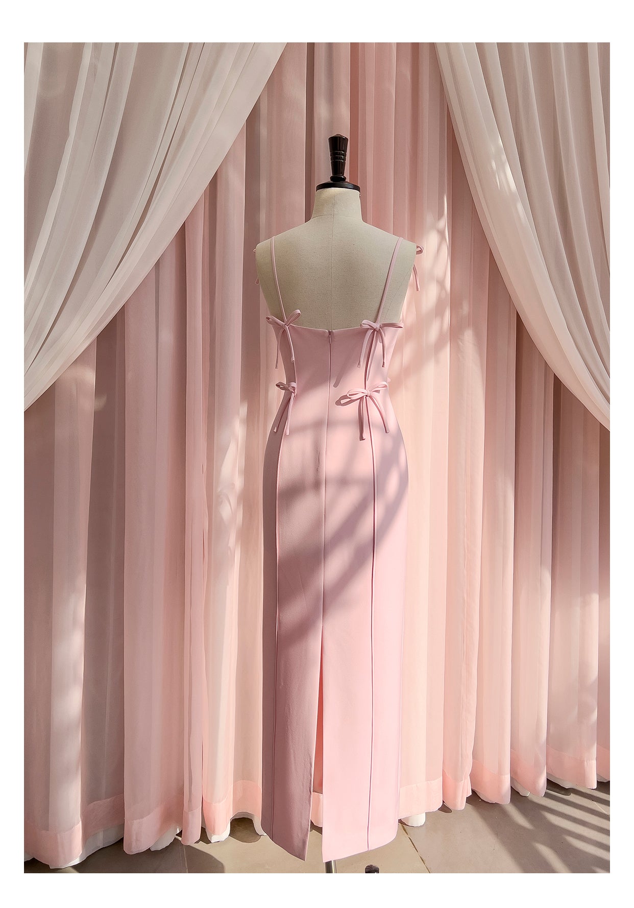 Pink bow waist slimming long dress, high-end suspender dress