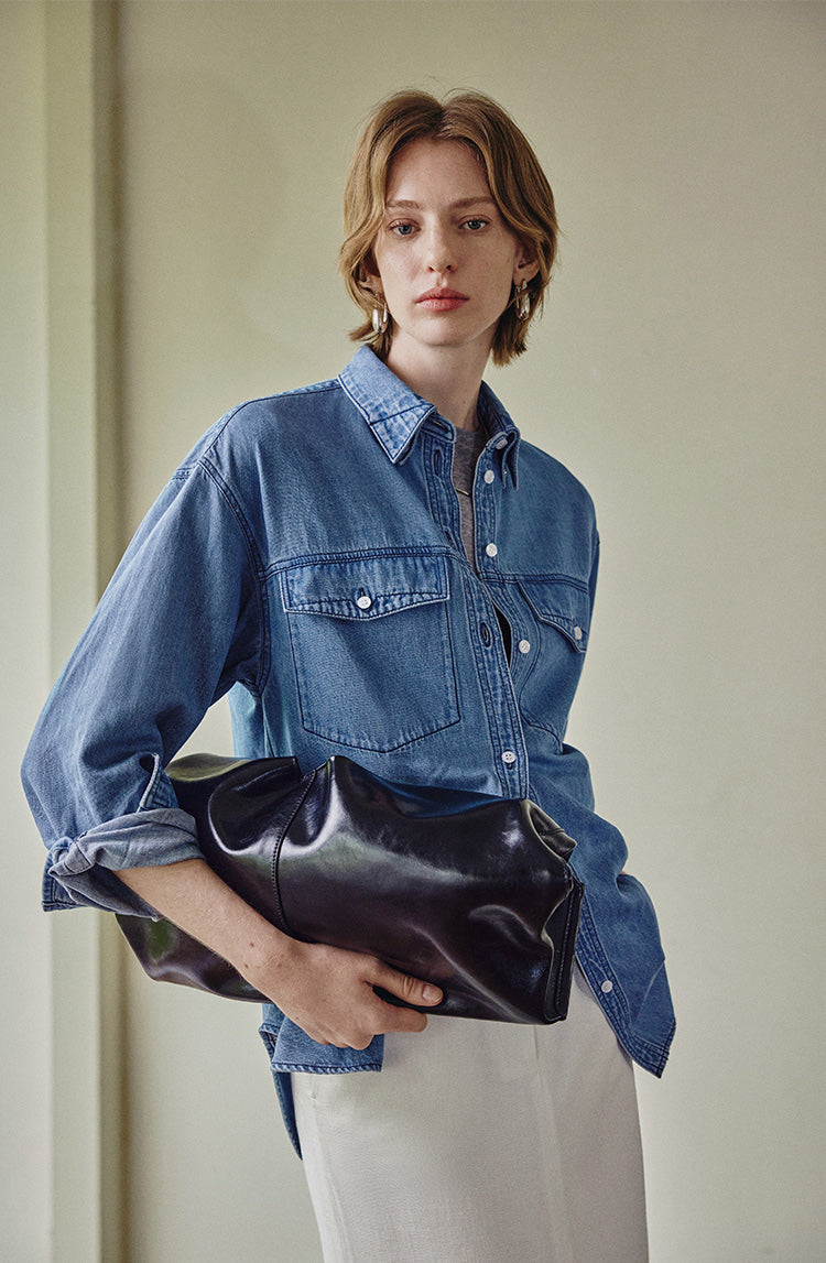 Light washed linen peak collar denim shirt