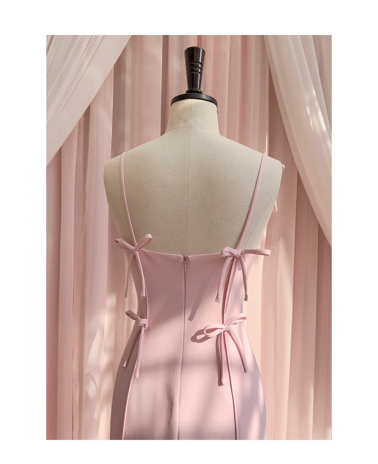 Pink bow waist slimming long dress, high-end suspender dress