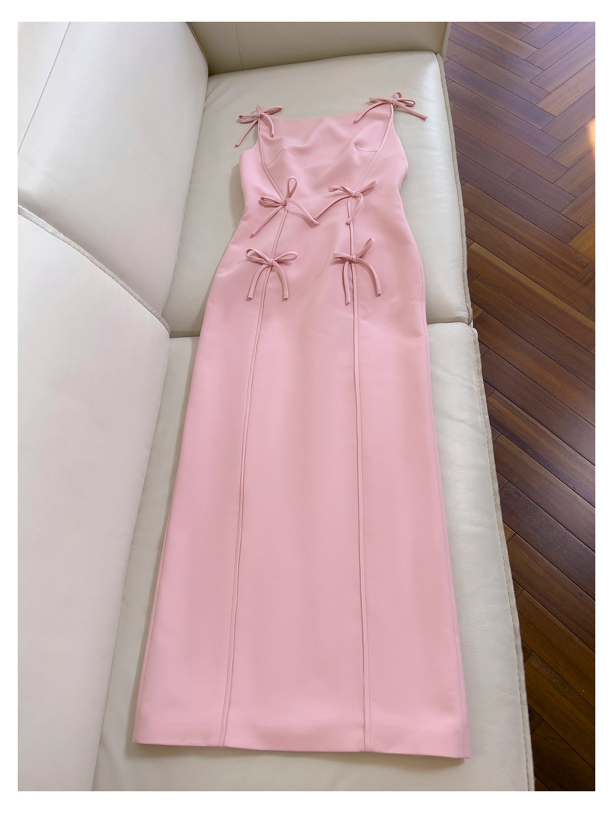 Pink bow waist slimming long dress, high-end suspender dress