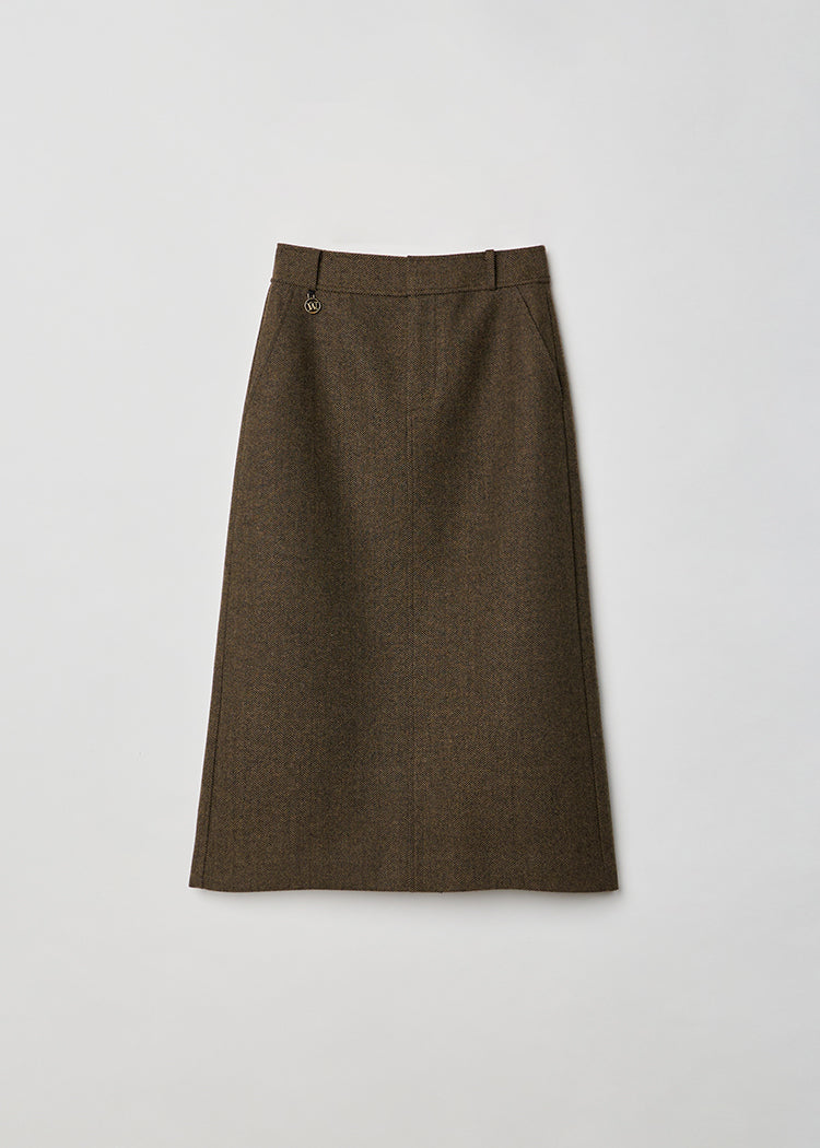 Retro floral brown herringbone wool skirt shows high-profile silhouette