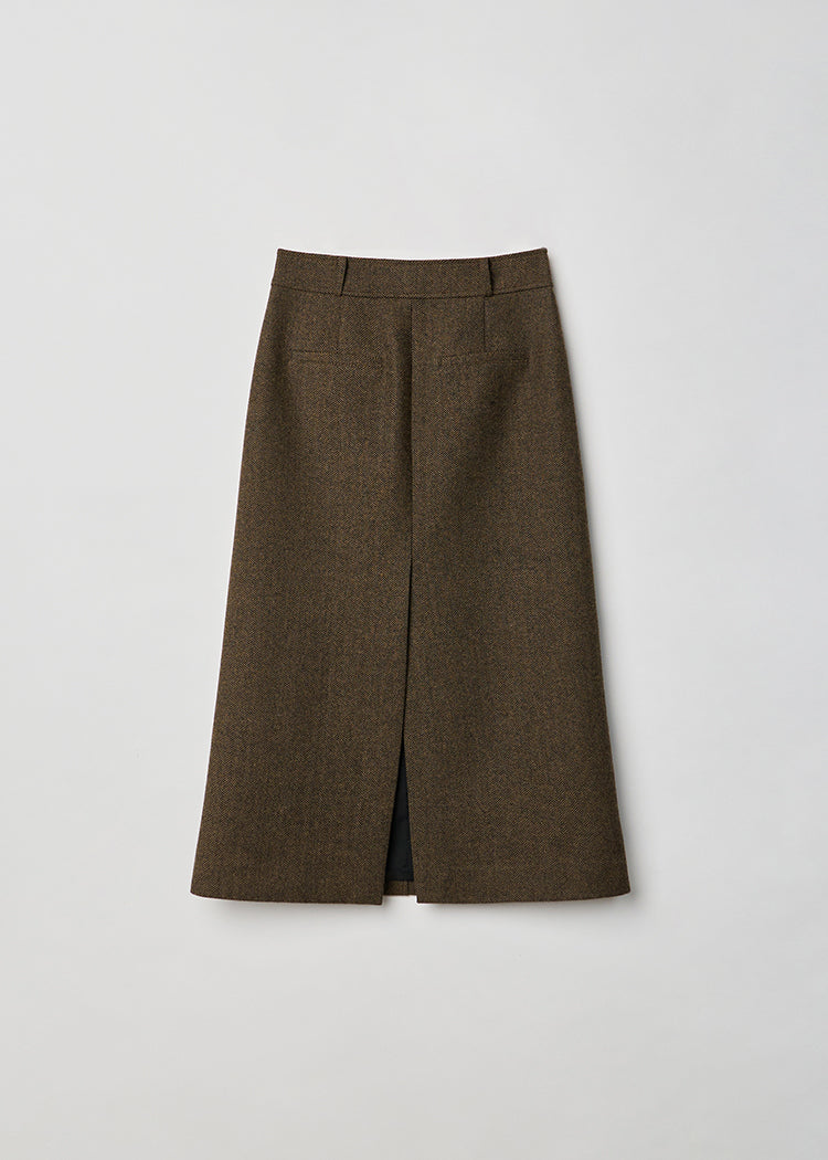 Retro floral brown herringbone wool skirt shows high-profile silhouette