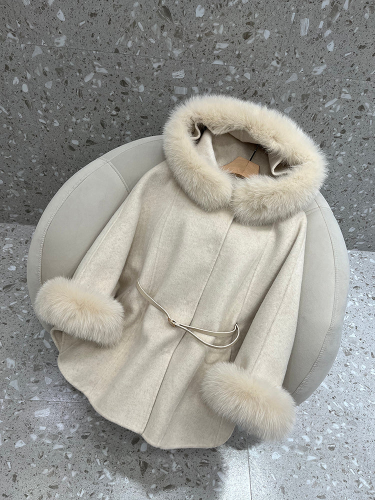 Short fox fur hooded cape
