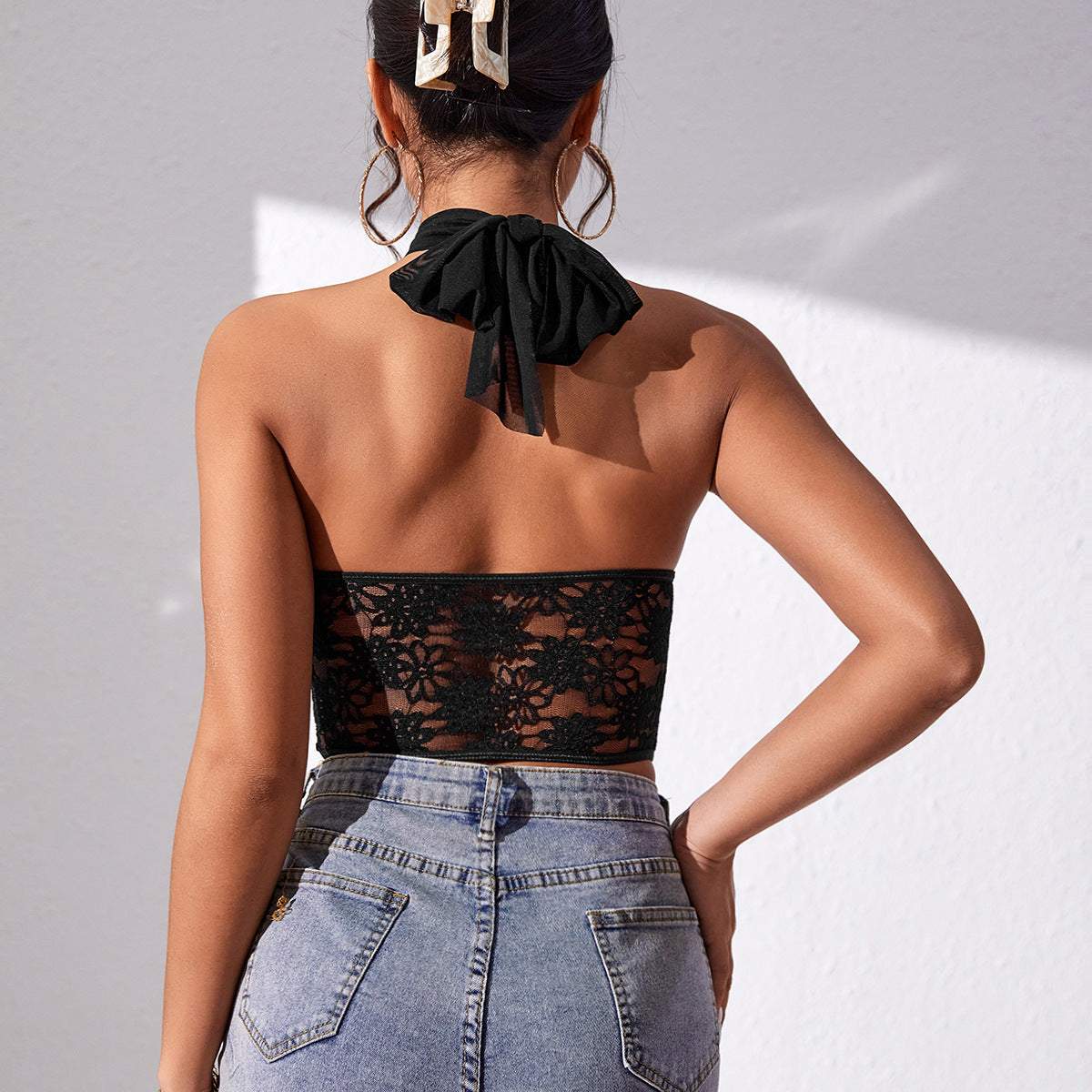 Lace mesh cross halter top rhombus fishbone vest