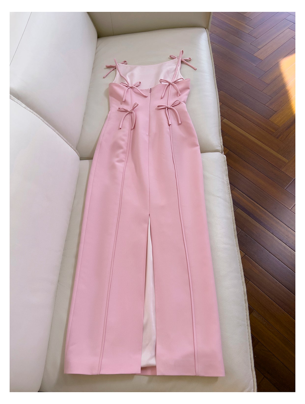 Pink bow waist slimming long dress, high-end suspender dress