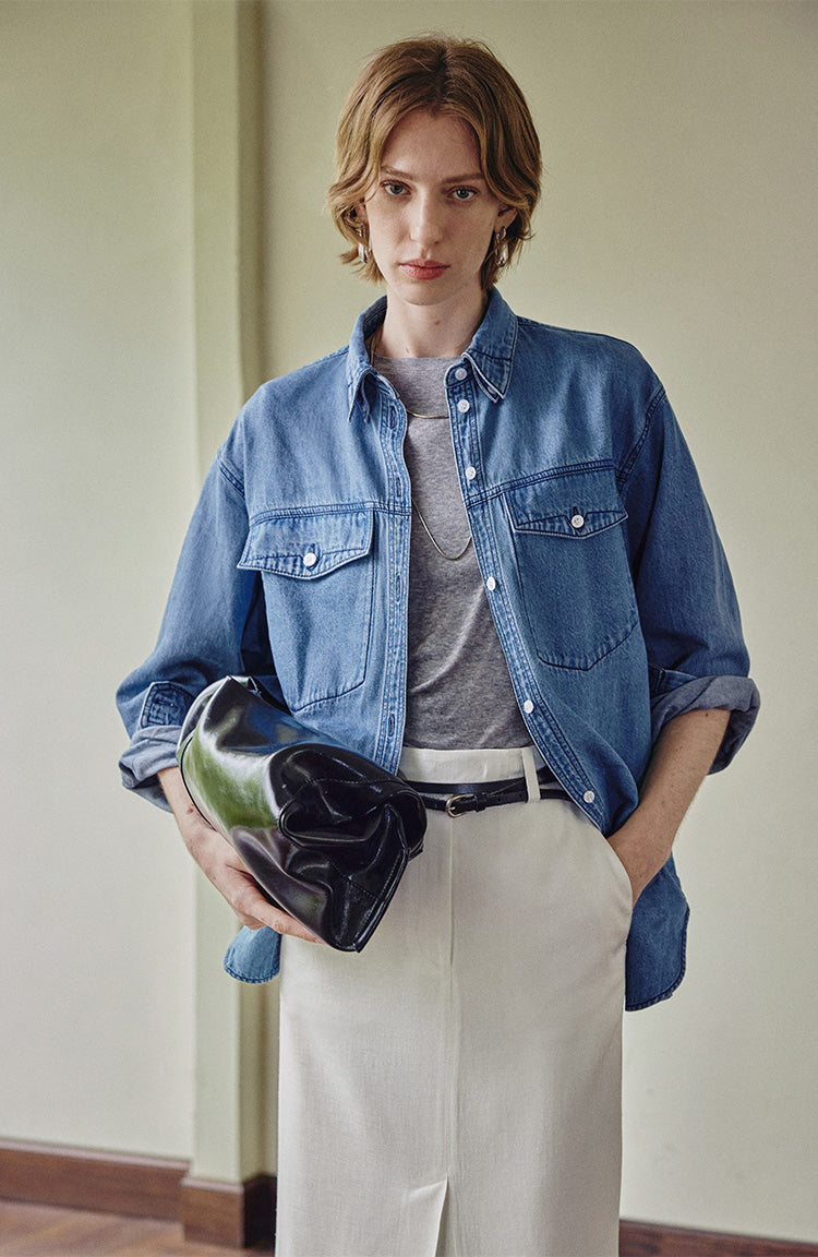 Light washed linen peak collar denim shirt