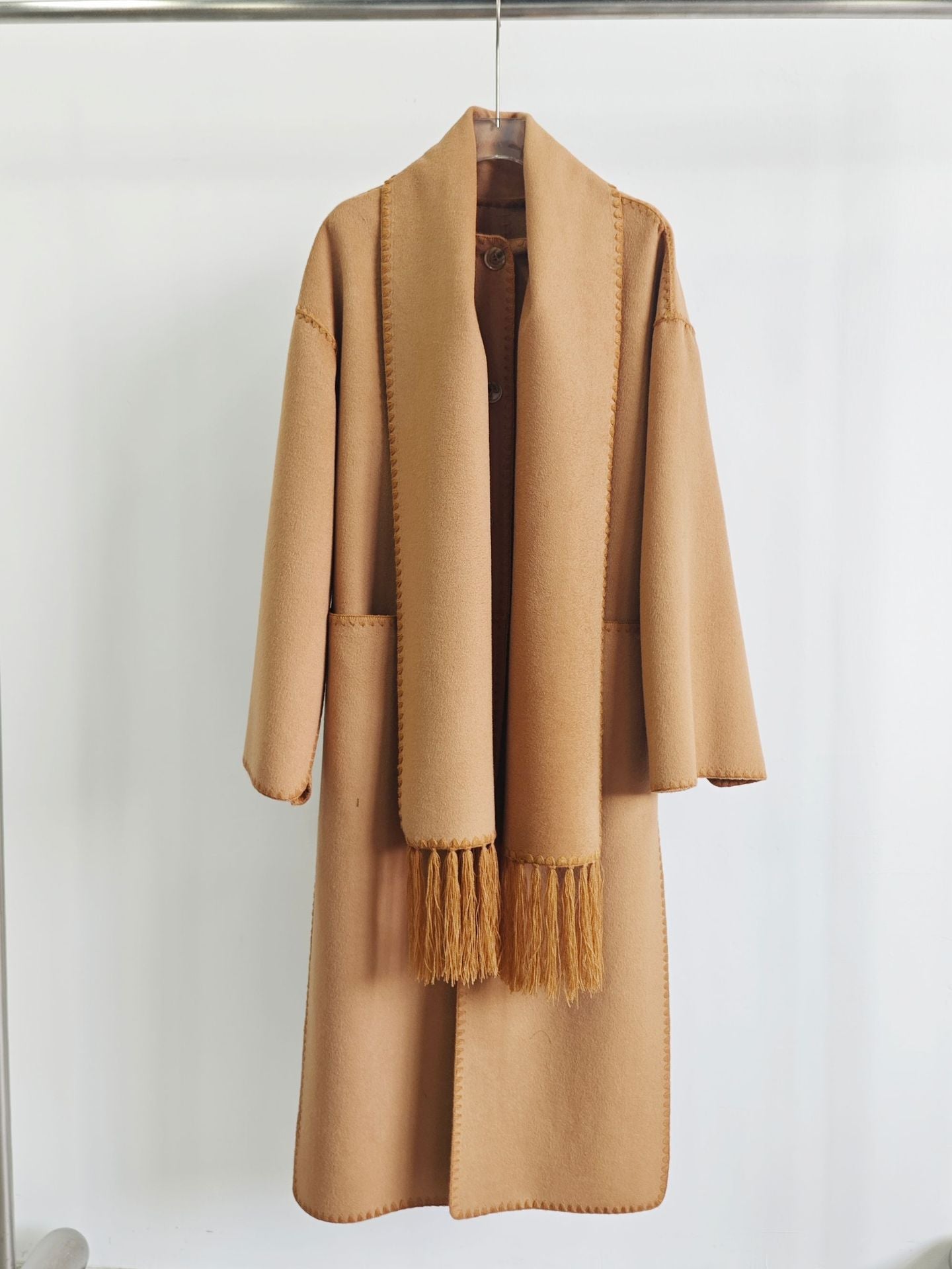 Autumn and winter loose slim camel wool blend embroidered scarf coat