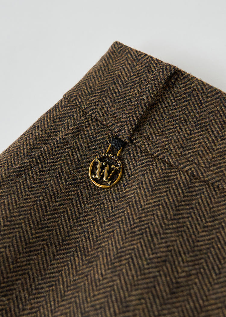 Retro floral brown herringbone wool skirt shows high-profile silhouette
