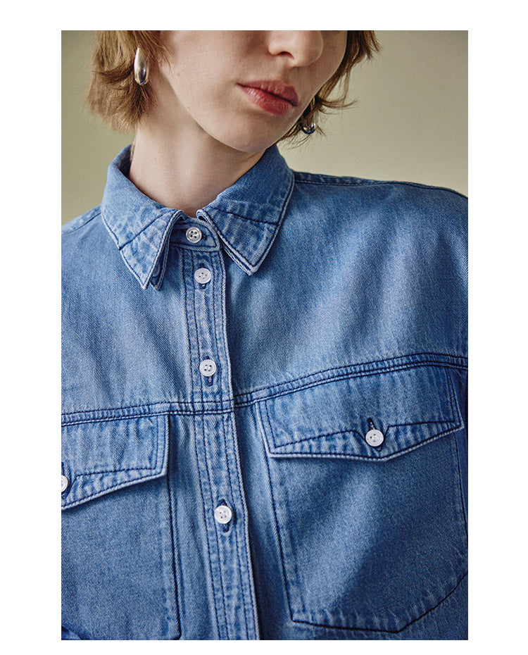 Light washed linen peak collar denim shirt