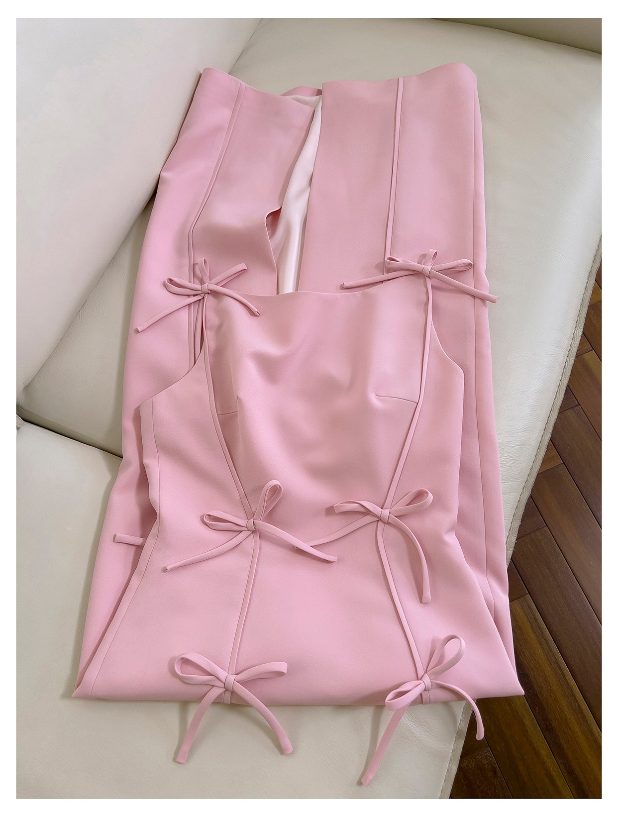 Pink bow waist slimming long dress, high-end suspender dress