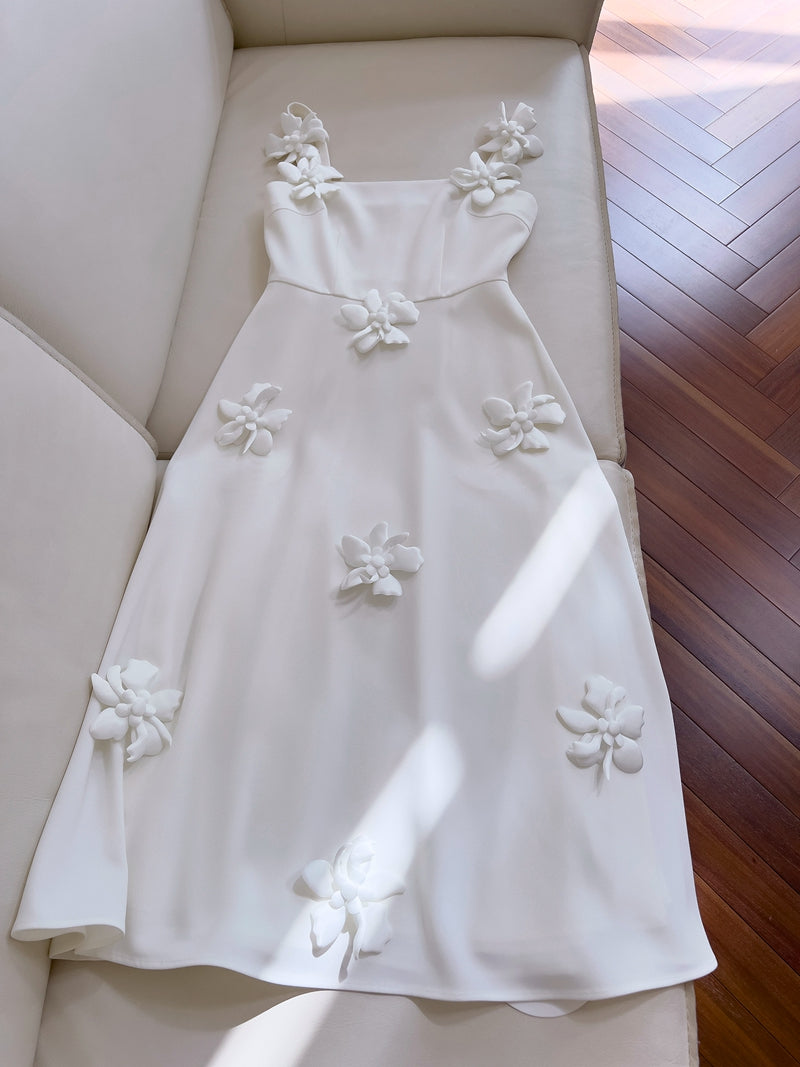 Flower strap luxury socialite daughter engagement dress white holiday dress