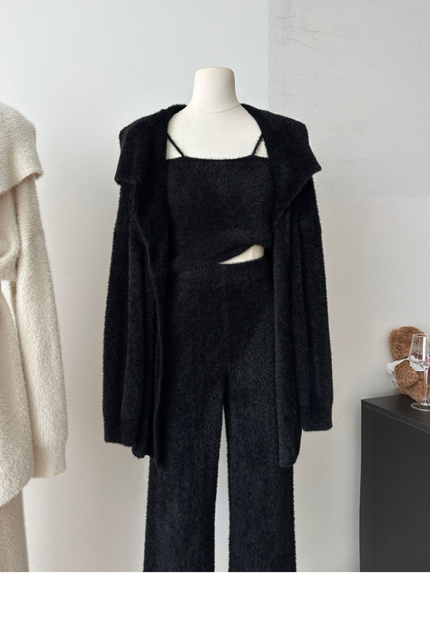 Faux Mink Jacket Vest Wide-Leg Pants Knitted Three-Piece Set