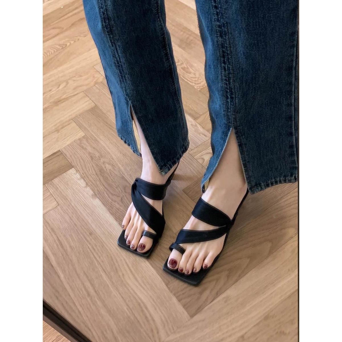 Small square toe stiletto thong sandals