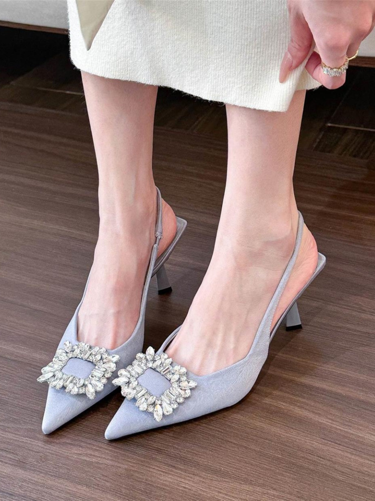 Pointed square buckle rhinestone high heel satin toe shoes