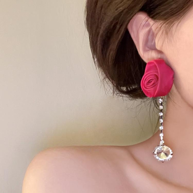 Polish Rose French Retro Satin Three-dimensional Flower Earrings Zircon Flash Diamond Long Tassel Earrings