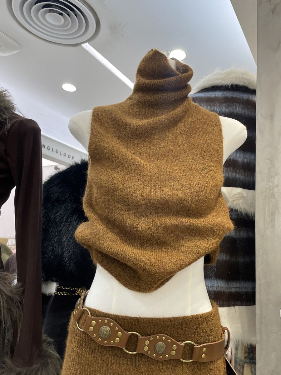 Knitted two-piece turtleneck vest long skirt set