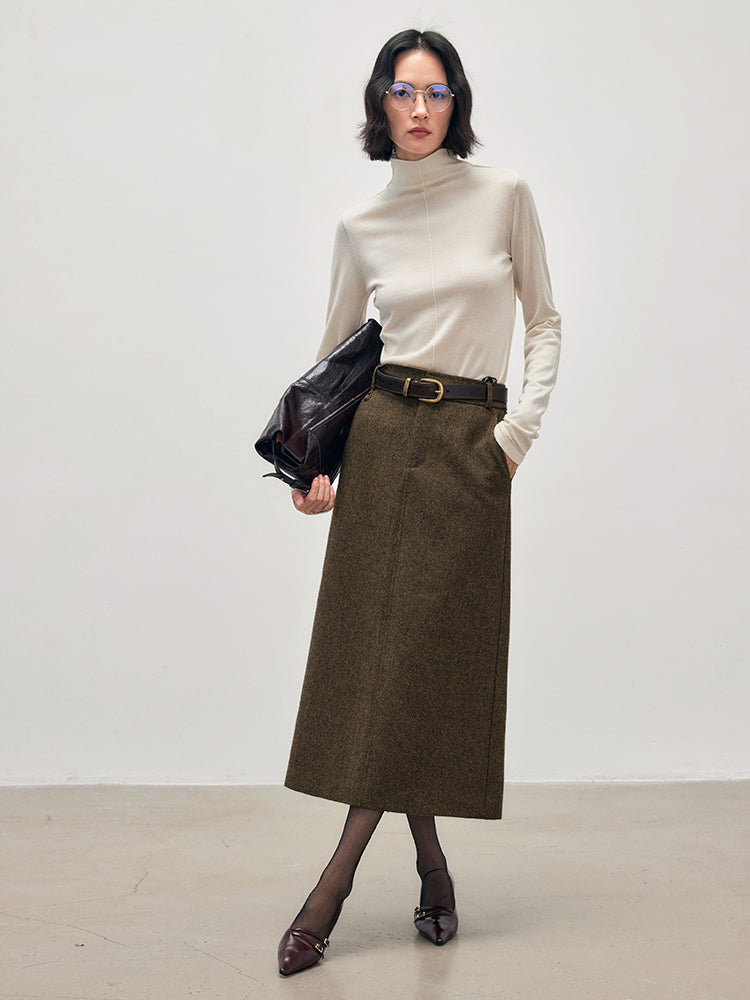 Retro floral brown herringbone wool skirt shows high-profile silhouette