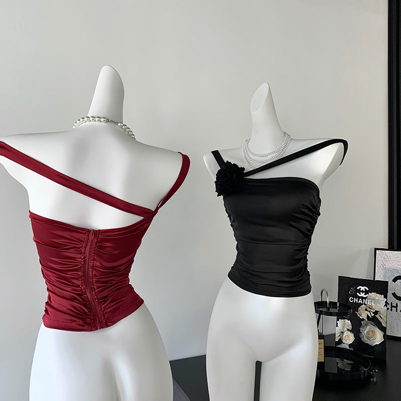 Rose design whitening slim fit pleated tube top