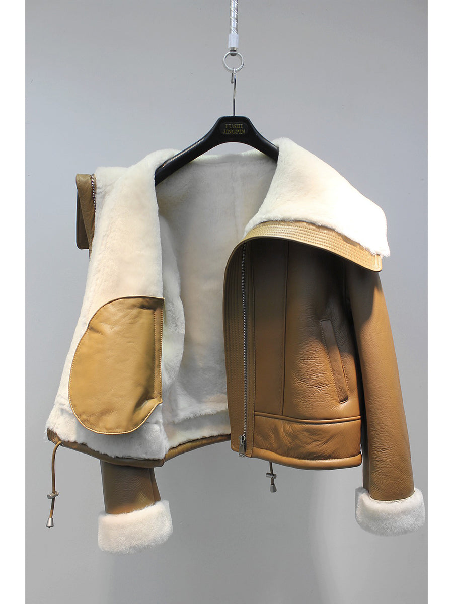 Lmported sheepskin one-piece large lapel motorcycle jacket lambswool coat