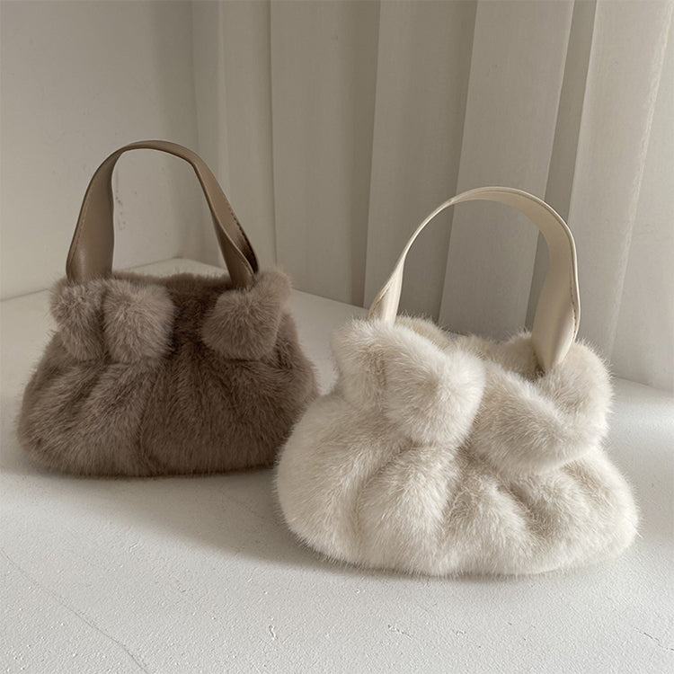 Pleated Faux Rabbit Fur Crossbody Bag