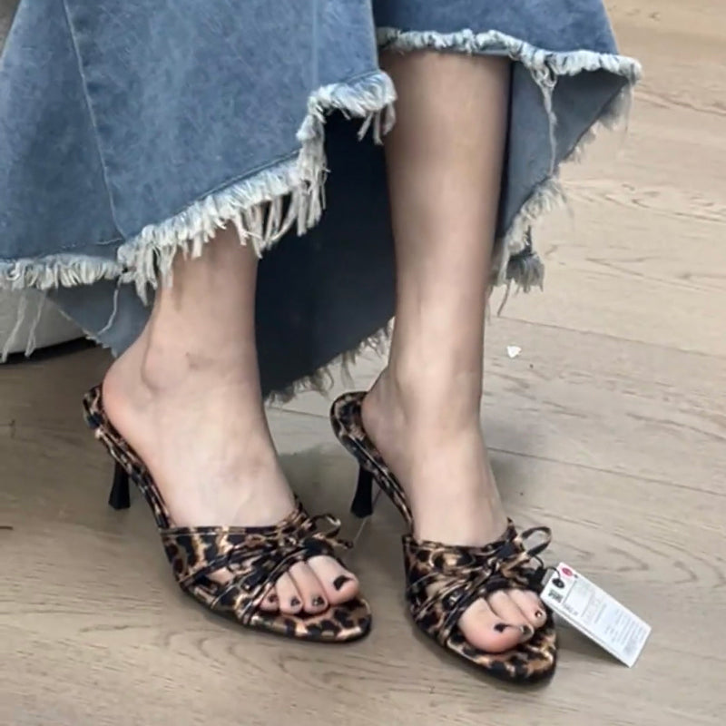 Leopard print versatile stiletto open toe bow high heel sandals