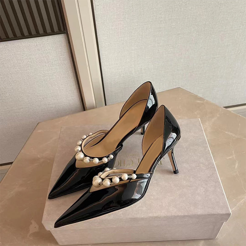 Red pointed toe genuine patent leather French stiletto pumps