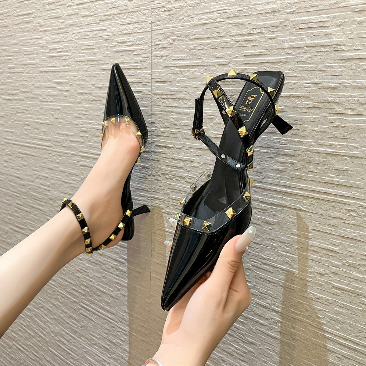 Studded stiletto elegant pointed toe transparent French patent leather high heels