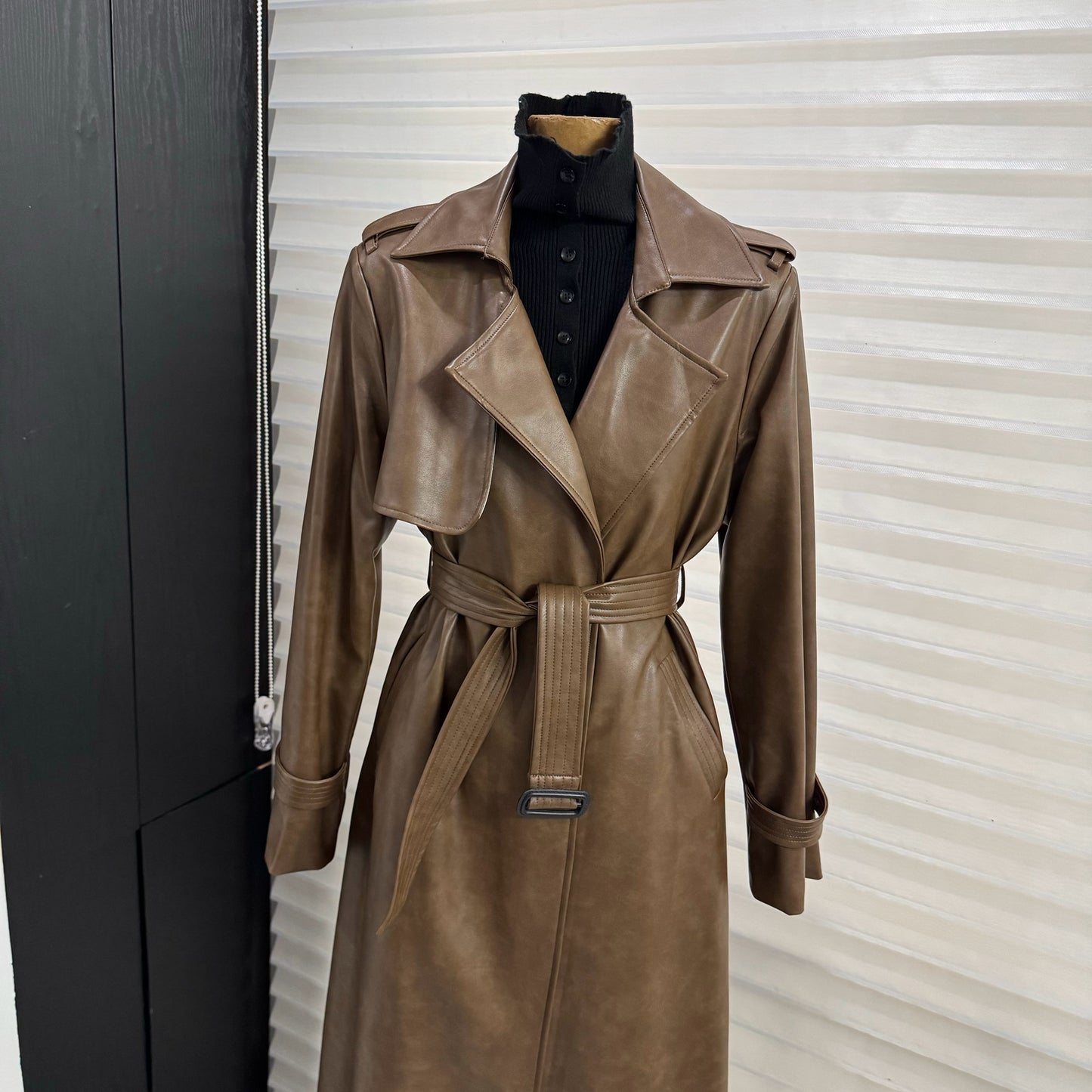 PU leather coat suit collar double breasted coat