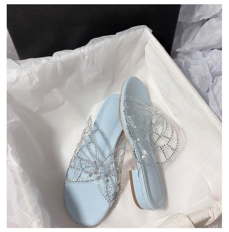 Super Fairy Rhinestone Transparent Butterfly PVC Low Heel Slippers for Women