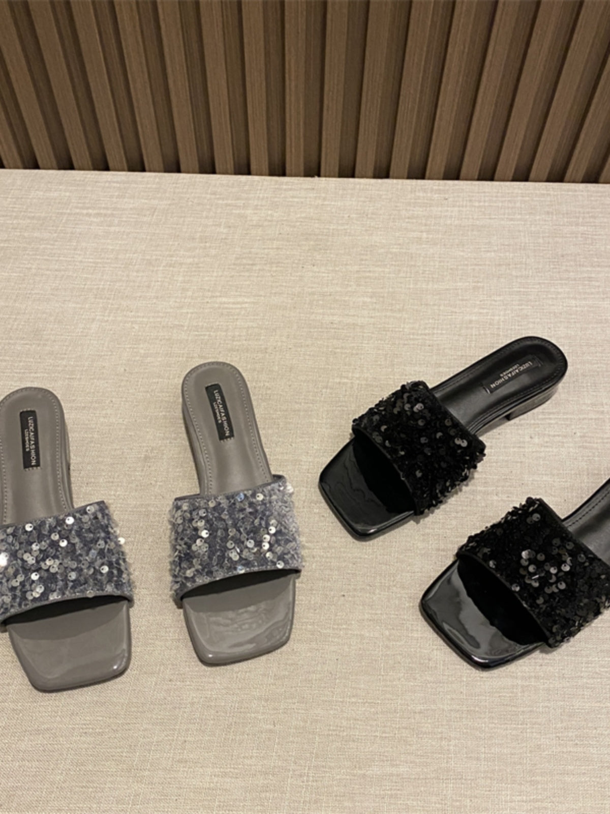 Wear elegant black rhinestone thick heel square toe sandals