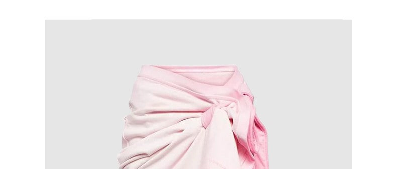 Pink knotted high-waisted skirt, slimming pleated pleated pleated waist-covering hip skirt