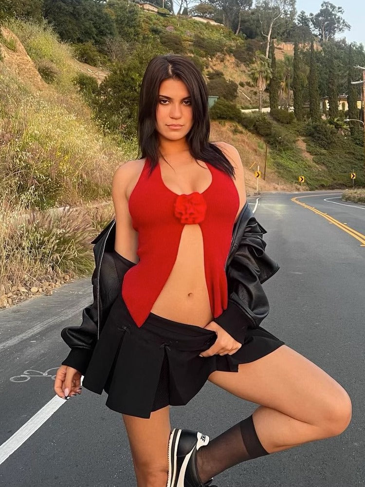 Red three-dimensional flower halter neck tank top