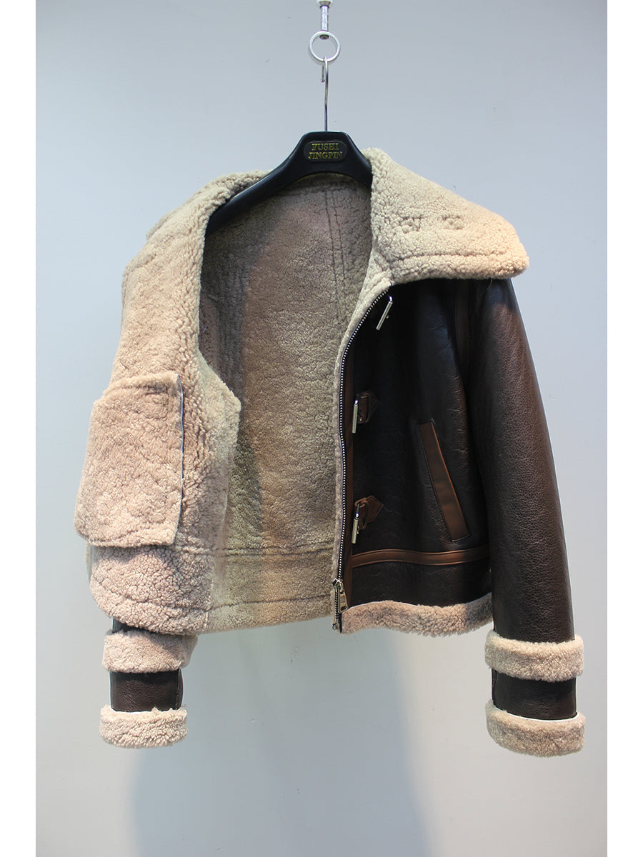 Original imported sheepskin all-in-one design motorcycle fur jacket
