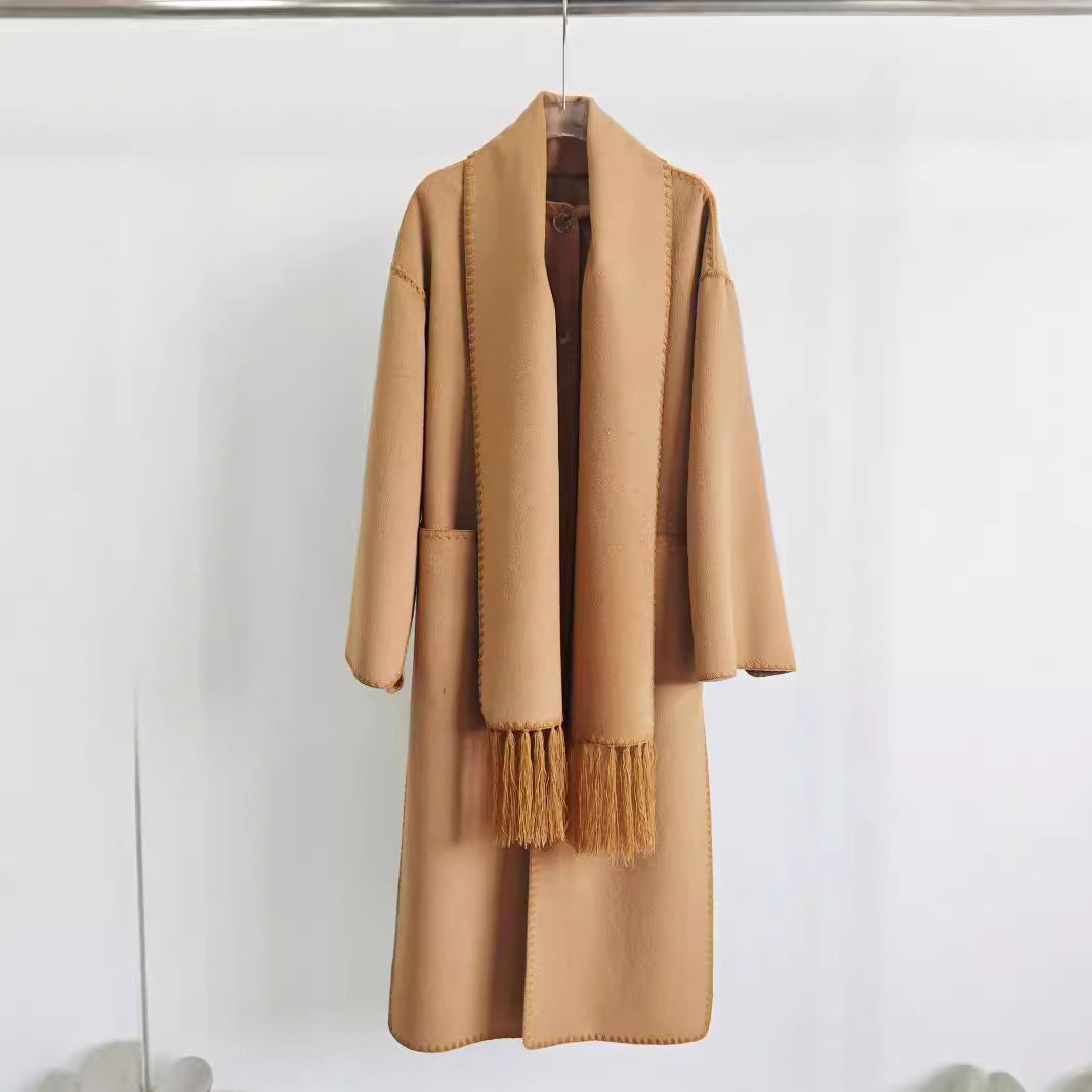 Autumn and winter loose slim camel wool blend embroidered scarf coat