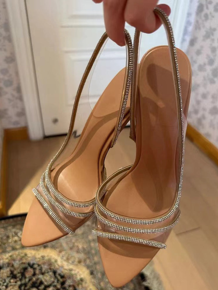 Sexy rhinestone open toe transparent back strap stiletto sandals